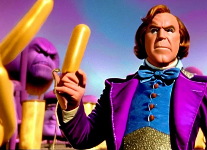 Prompt: film still of thanos as willy wonka in willy wonka and the chocolate factory 1 9 7 1