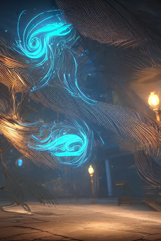 Prompt: thin swirling tribal light streaks and ornate flowing feather light streams and smooth particle effects, unreal engine