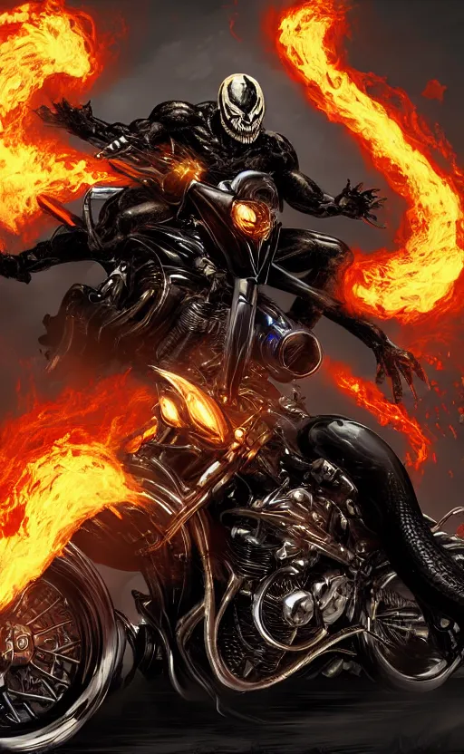 Image similar to venom as ghost rider on a motorcycle, dynamic lighting, photorealistic fantasy concept art, trending on art station, stunning visuals, terrifying, creative, cinematic