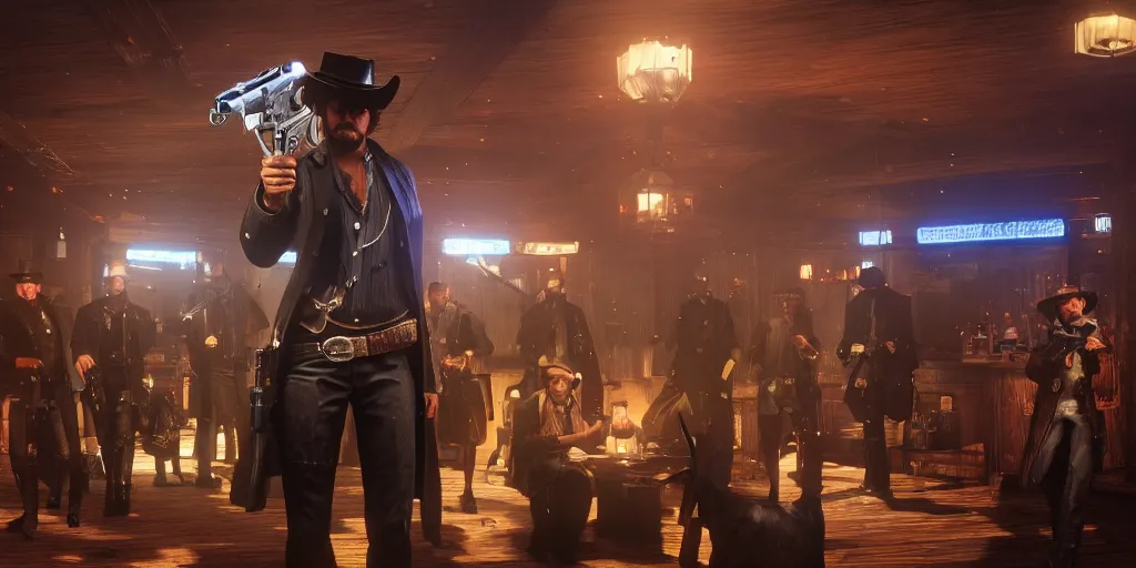 Image similar to a futuristic cowboy holding a glowing revolver to his enemies in a steampunk themed bar, red dead redemption 2, trending on artstation, digital art, award winning, cinematic lightning, god rays