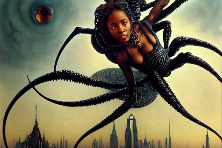 Prompt: realistic detailed photorealistic portrait movie shot of a beautiful black woman riding a giant spider, dystopian city landscape background by denis villeneuve, amano, yves tanguy, alphonse mucha, ernst haeckel, jean delville, david lynch, edward robert hughes, roger dean, cyber necklace, rich moody colours, cyber patterns, wide angle