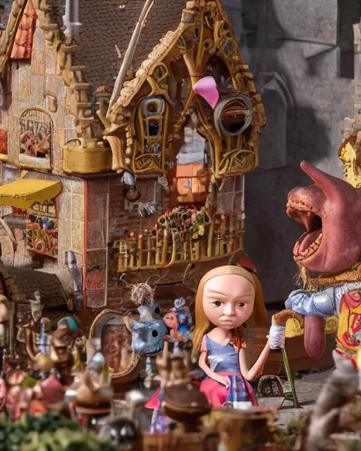 Image similar to highly detailed closeup, face profile portrait of a tin toy greta thunberg as a medieval goblin eating cakes in a castle, bikini, depth of field, nicoletta ceccoli, mark ryden, lostfish, dan decarlo, bob clampett, max fleischer, detailed and intricate environment, 8 k resolution, hyperrealistic, octane render