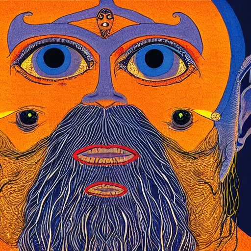 Image similar to three eyed gods, third eye middle of forehead, wide wide shot, very hairy bodies, vivid colors, eye in forehead, beautiful lighting