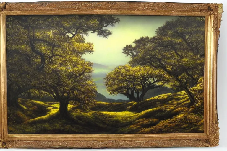 Image similar to masterpiece painting of oak trees on a hillside overlooking a creek, dramatic lighting, by chie yoshii