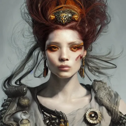 Image similar to portrait, headshot, insanely nice hair style, dramatic hair color, digital painting, of a old 17th century, old cyborg merchant, amber jewels, baroque, ornate clothing, scifi, realistic, hyperdetailed, chiaroscuro, concept art, art by Franz Hals and Jon Foster and Ayami Kojima and Amano and Karol Bak,