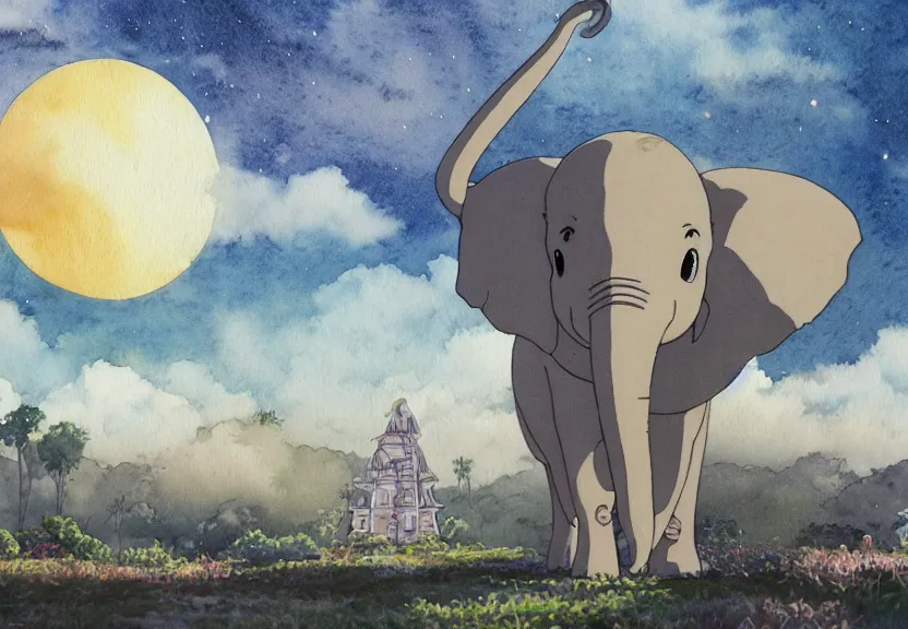 Image similar to a hyperrealist watercolor concept art from a studio ghibli film showing a giant grey dumbo the elephant. a hindu temple is under construction in the background in india on a misty and starry night. by studio ghibli. very dull muted colors