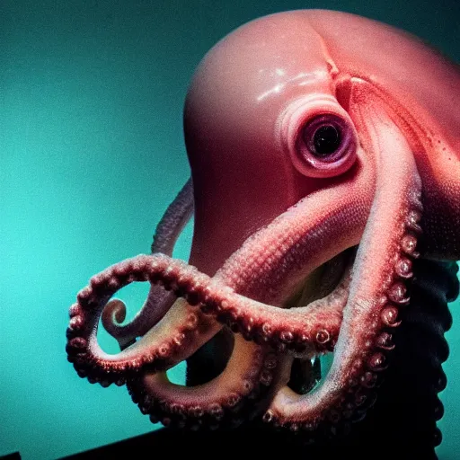 Image similar to dramatic full close - up portrait of a sad human cephalopod hybrid, detailed, dimly light room, tentacles, volumetric lighting,