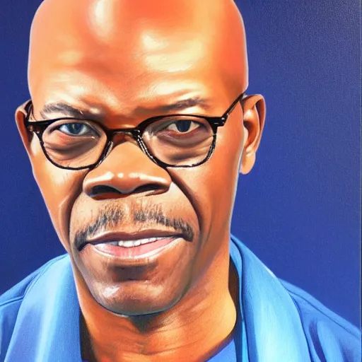 Image similar to A portrait of Samuel Jackson, (((half of his face is a skeleton))), dark blue gradient background, realistic, oil painting