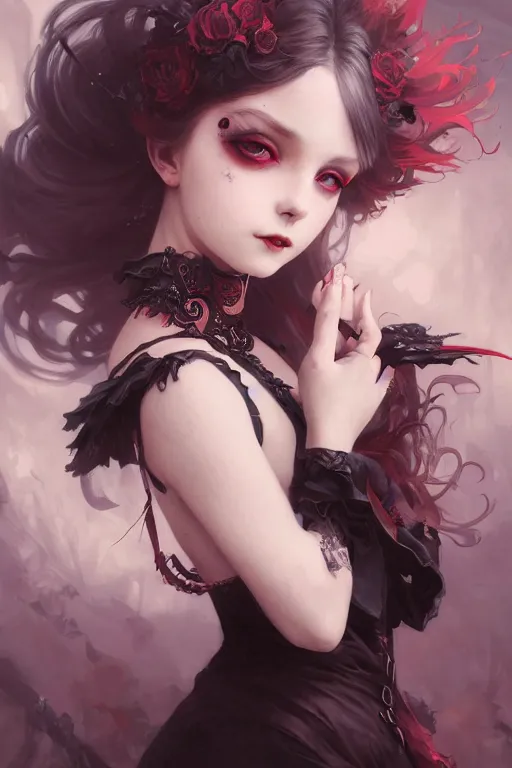 Image similar to portrait of radical lolita girl, dreamy and ethereal, red eyes, smiling expression, ornate goth dress, dark fantasy, chaotic, elegant, black crows flying, highly detailed, digital painting, artstation, concept art, smooth, sharp focus, illustration, art by artgerm and greg rutkowski and alphonse mucha