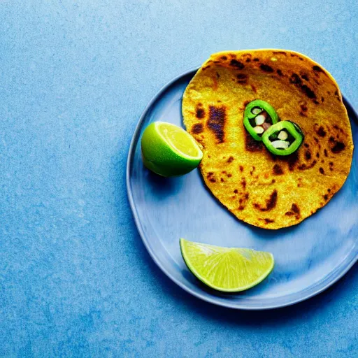 Prompt: a topdown photo of a vegetarian taco and a plate of sliced limes on a blue marble benchtop, high resolution, 4 k, natural lighting