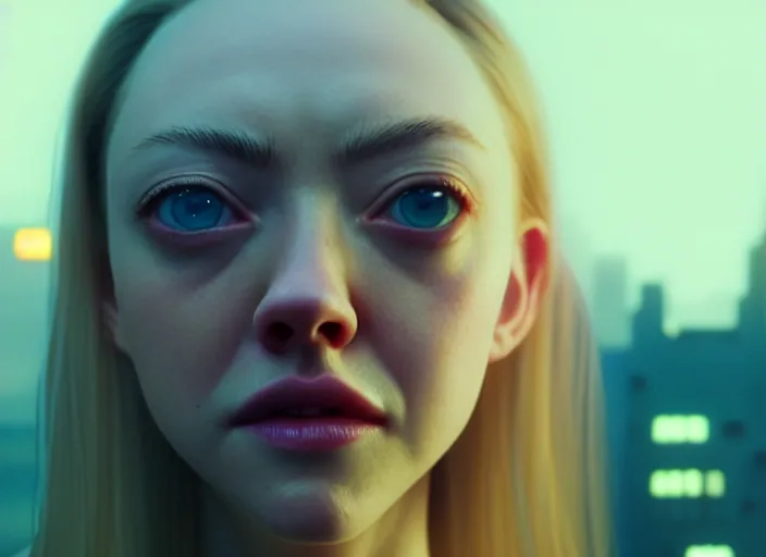 Image similar to a film still portrait of amanda seyfried as fried chicken, finely detailed features, closeup of face, cinematic lighting, perfect art, night cyberpunk city, intricate, anime, gapmoe grimdark, artstation, trending on pixiv fanbox, painted by greg rutkowski makoto shinkai takashi takeuchi studio ghibli, akihiko yoshida, 4 k