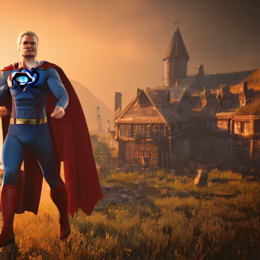 Prompt: Henry Cavil as medieval Superman, Witcher 3 style, unreal engine, cinematic, game, screen capture, hyper realistic, details, ray tracting, rtx, 4k