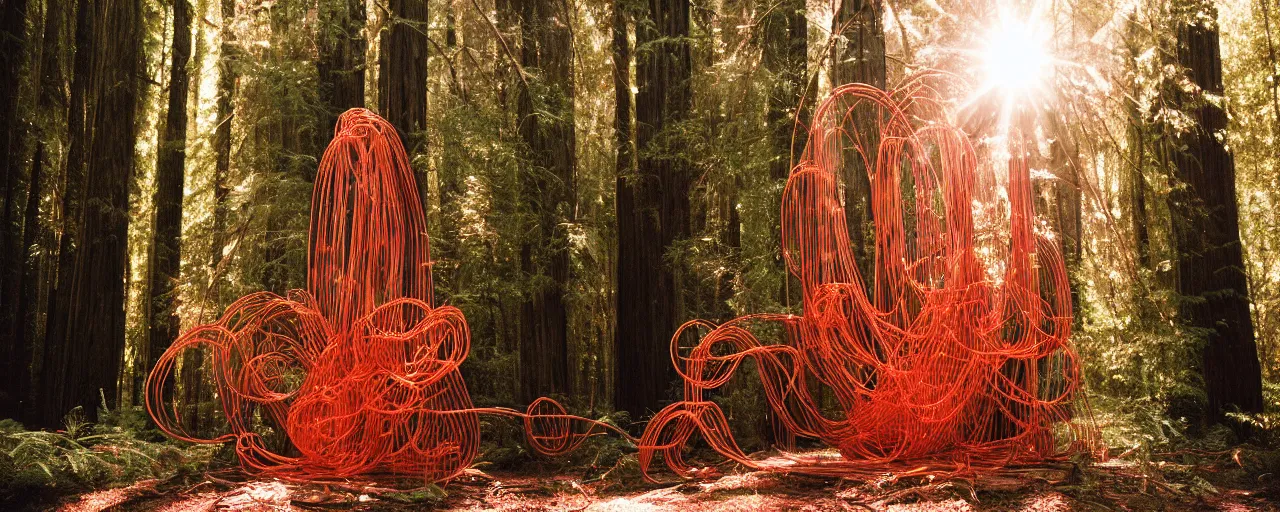 Prompt: a giant spaghetti sculpture, hit by a ray of sunshine, in a redwood forest, canon 5 0 mm, cinematic lighting, photography, retro, film, kodachrome