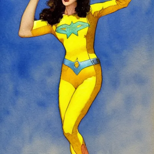 Prompt: realistic portrait of gal gadot in a banana costume, detailed art by maxfield parrish and jessie willcox smith, illustration style, watercolor