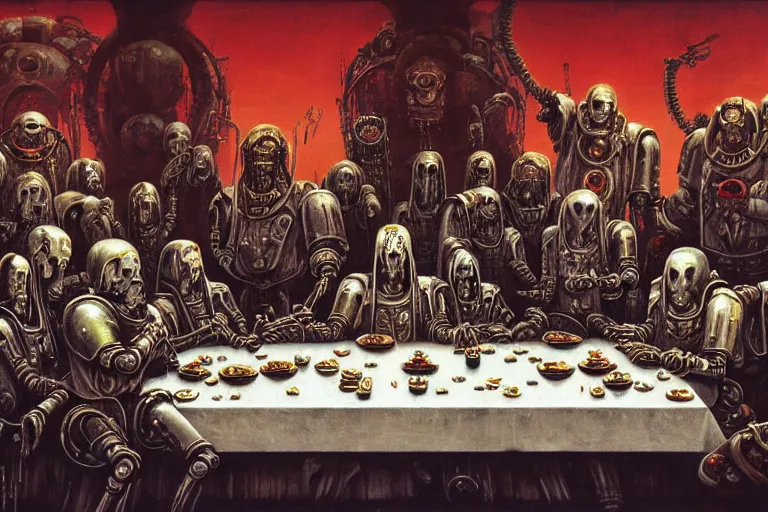 Image similar to painting of tech priests dining at the last supper, adeptus mechanicus!, cybernetic enhancements attached to his body, praise the omnissaiah, zdzislaw beksinski, lewis jones, mattias adolfsson, warhammer 4 0 k!!, cold hue's, warm tone gradient background, concept art, digital painting