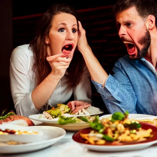 Prompt: wife and husband screaming at the restaurant for the awful dinner, 8K, Cinematic lights