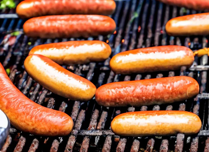 Prompt: dslr food photo closeup of hot dogs cooking on a grill, 8 k, 8 5 mm f 1. 8