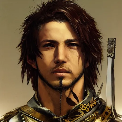 Image similar to portrait of a young white hero using his right arm to hold his sword covering his eye by yoji shinkawa, high quality, extra details, realism, ornate, colored, golden chain, blood, white skin, short hair, brown eyes, vivid, sunlight, dynamic, american man, freedom, white american soldier, painting