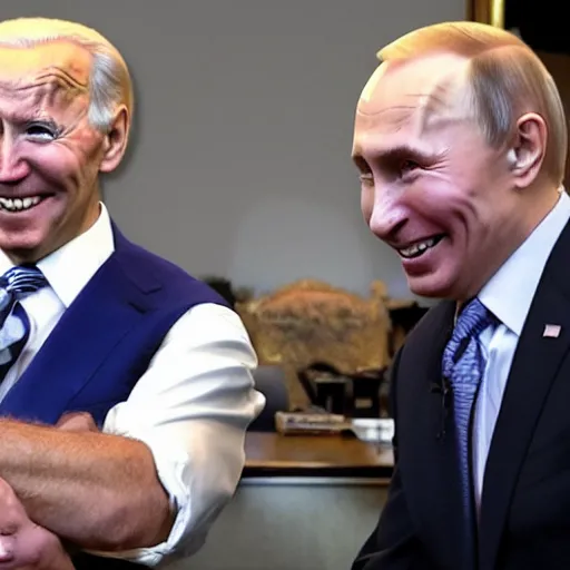 Image similar to clowns joe biden and jokers vladimir putin smiling wildly nuclear weapons in the background