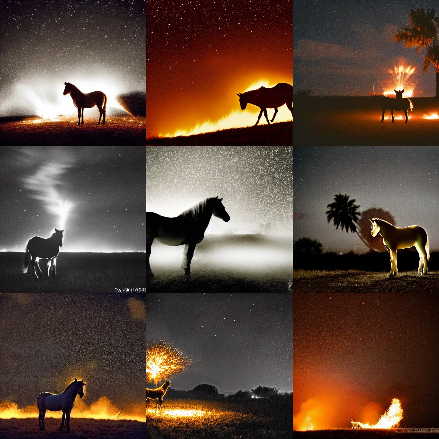 Prompt: a pale przewalski horse pony stands in a field in the darkness against the night sky as embers and sparks and brightly burning pieces rain down from the sky, while in the background a palm tree is engulfed in flames. Photography. Flash photo. Nikon CoolPix. Canon Powershot. 2000s digicam style. Cursed image.