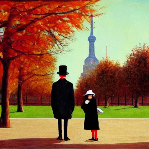 Prompt: A thin man in a black coat and bowler hat talks with small young girl dressed in a red coat and a red hat, park, autumn, Berlin, oil painting style , wide angle, width 768
