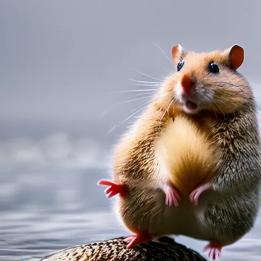 Image similar to a hamster riding on top of a duck, wildlife photography-g