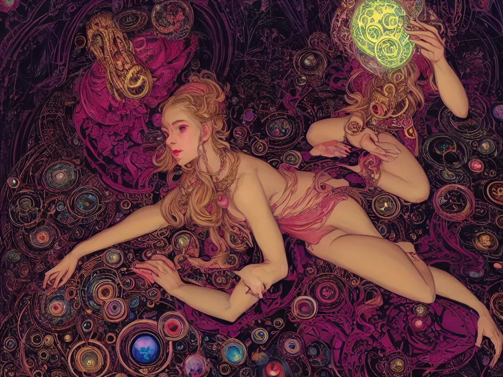 Image similar to high angle picture of a maximalist dress witch sitting on the floor and researching about the azathoth, extremely beautiful and aesthetic and detailed cute face, very huge magic circles on the hand, with familiar sprites, in the magic room, chiaroscuro, intricate, masterpiece, fantasy illustrations by ilya kuvshinov and jeremy lipking and quentin mabille