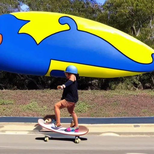 Prompt: a blue pikachu riding a skateboard in australia in daylight and there's a flying whale above