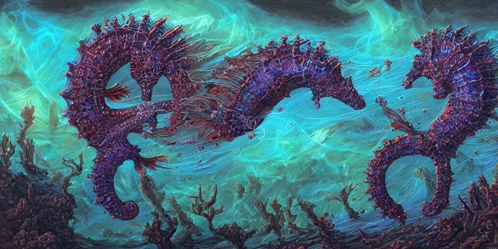 Image similar to bioluminescent seahorse by dan seagrave art