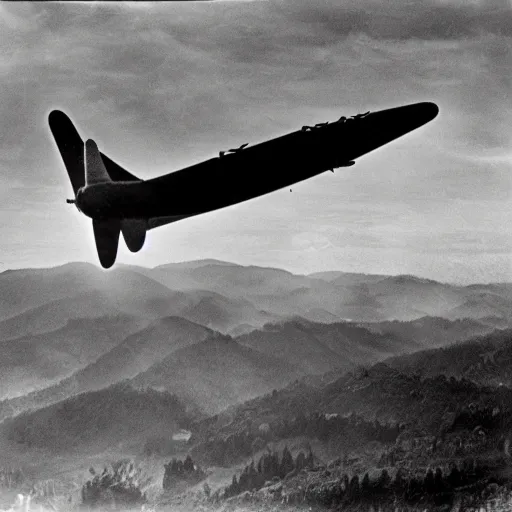 Prompt: zeppelin flying above transylvanian mountains in the summer of 1 9 4 1, black and white film photograph