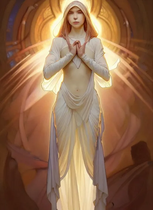 Image similar to digital character concept art by artgerm and greg rutkowski and alphonse mucha. clear portrait of a young wife blessed by god to uncontrollably become overwhelmingly perfect!! blonde, clothed, obviously feminine holy body!! light effect. hyper detailed, glowing lights!! intricate, elegant, digital painting, artstation, smooth, sharp focus