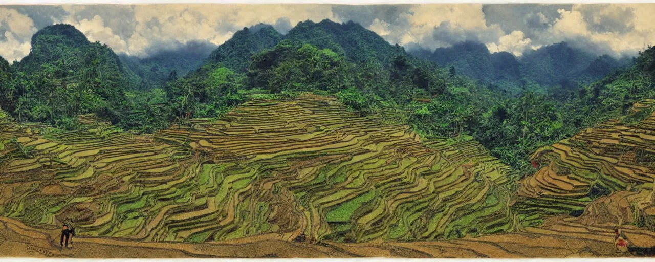 Image similar to a 2D drawing of a beautiful Philippine landscape of the Ifugao Rice Terraces, majestic and exotic by hiroshi yoshida