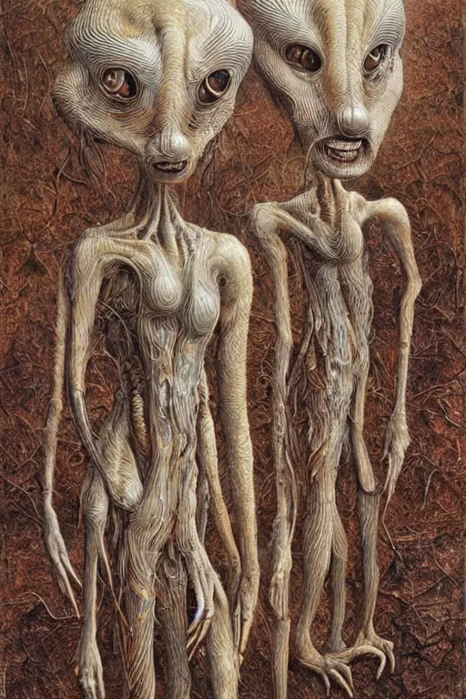 Image similar to a couple of strange looking animals standing next to each other, a surrealist painting by peter gric, cgsociety, pop surrealism, biomorphic, surrealist, dystopian art