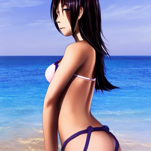 Image similar to beautiful anime woman, photo realistic, futuristic, in a bikini
