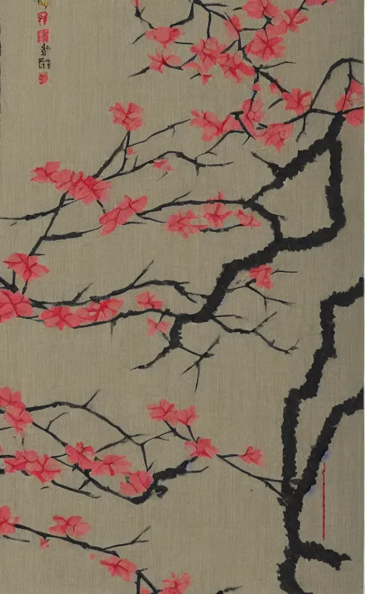 Prompt: by akio watanabe, manga art, a curtain and a cherry branch, trading card front, kimono, sun in the background