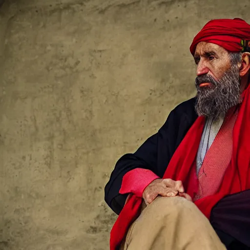 Image similar to portrait of president joe biden as afghan man, green eyes and red scarf looking intently, photograph by steve mccurry