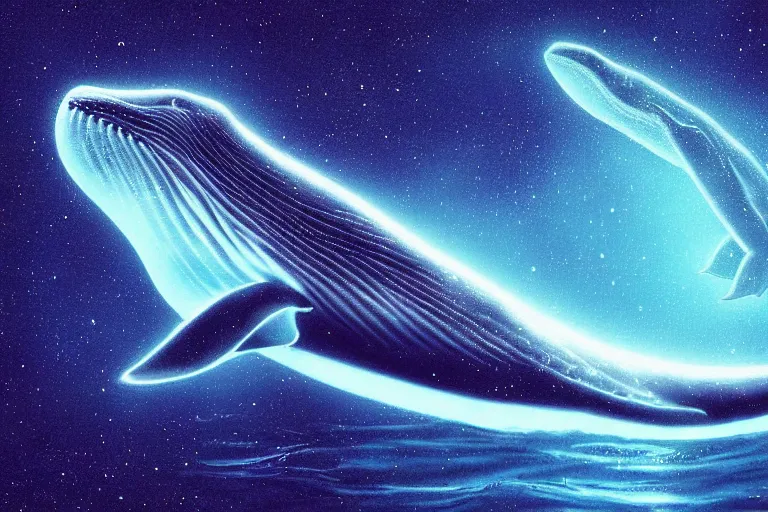 Prompt: a bioluminescent humpback whale swimming through the cosmos, digital art, photorealistic