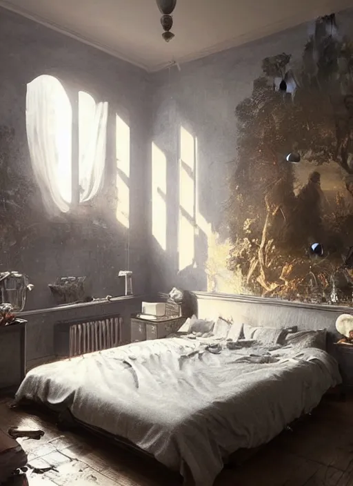 Image similar to a dreary bedroom, but above the bed are fantastical scenes of dreams, dreams invading mundane spaces, fantasy infiltrating reality, bubbles of the impossible, 8k, ultradetailed, illustrated by Greg Rutkowski and Caspar David Friedrich.