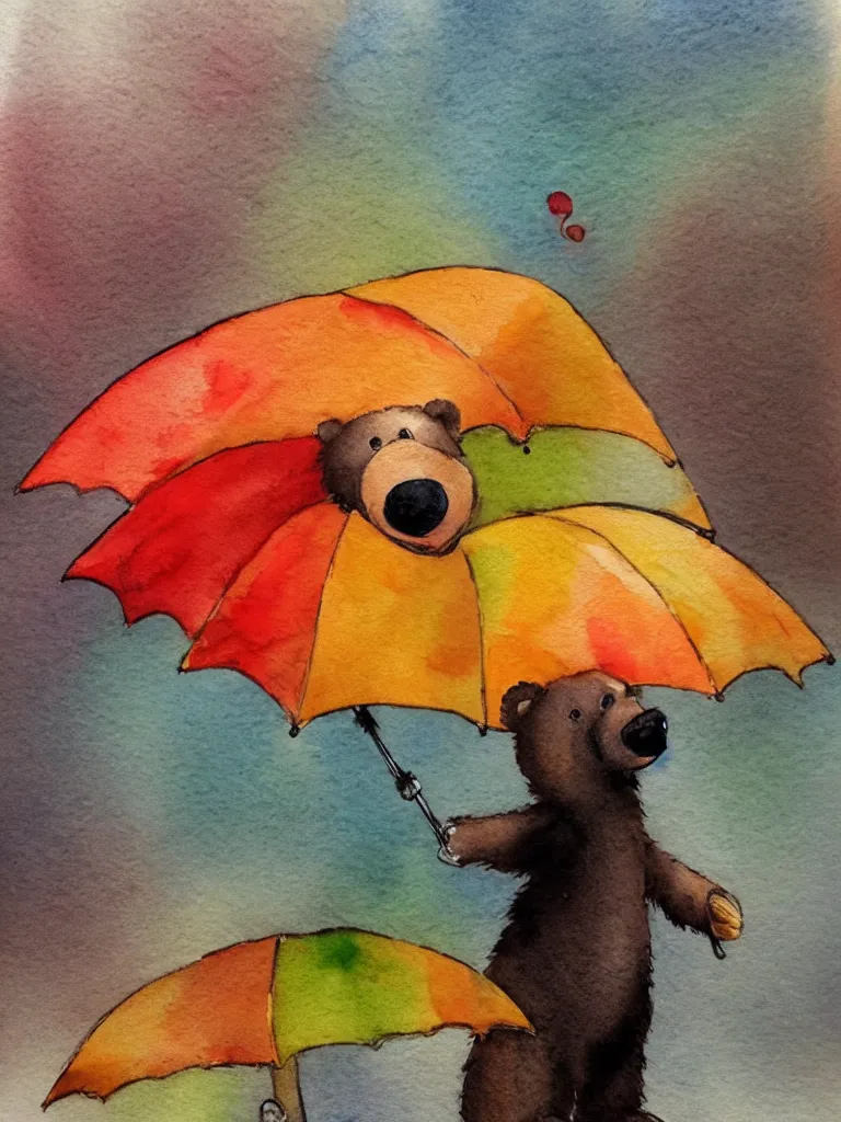 Image similar to autumn a bear with an umbrella watercolor by arti chauhan trending on artstation