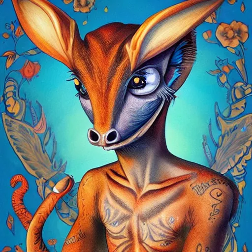 Image similar to a dik dik monster with tattoos, wearing a fedora, tattoos, colorful, digital art, fantasy, magic, trending on artstation, ultra detailed, professional illustration by basil gogos