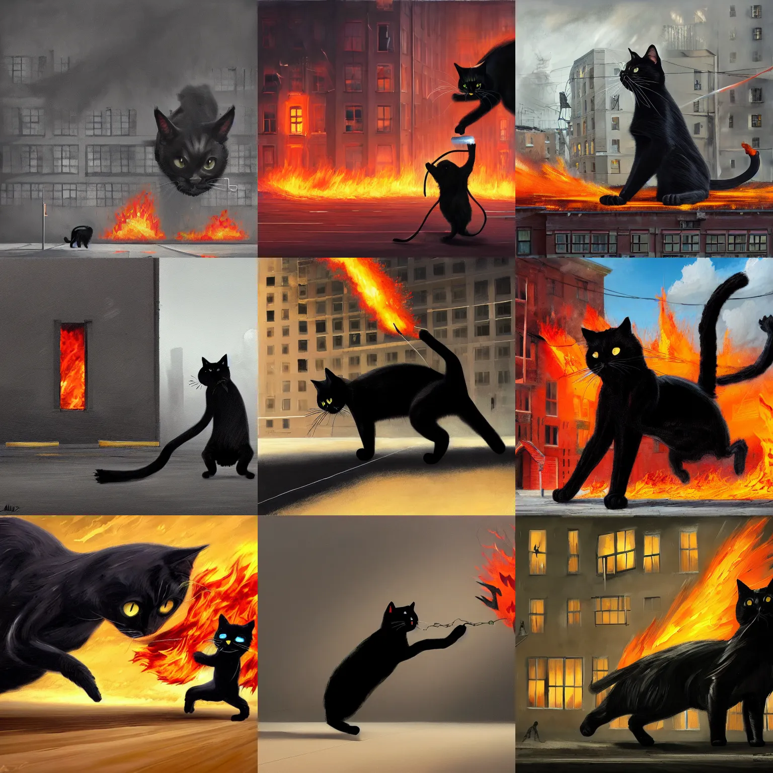 Prompt: a giant black cat destroying a building with fire painted by Alex Andreev, conceptual art, realistic painting, very detailed, trending on ArtStation, 4k wallpaper, high definition, Zoomquilt