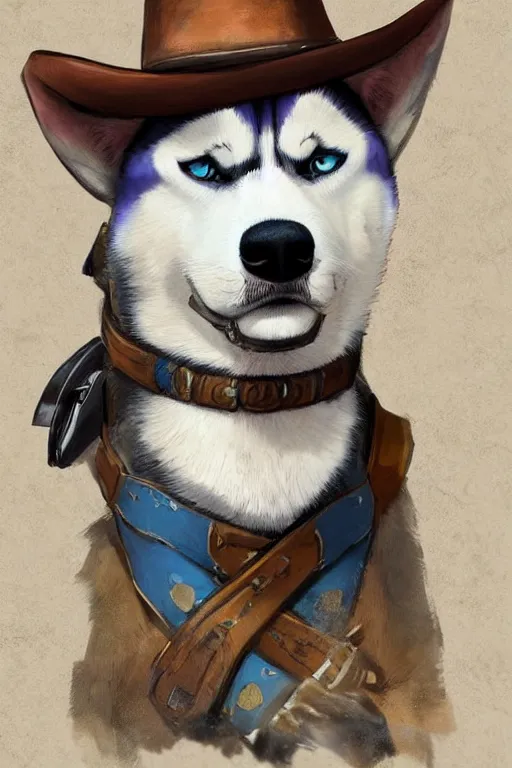 Image similar to a portrait painting of a husky in cowboy costume in the style of anime, character design, a fistful of dollars, per un pugno di dollari, treniding on artstation