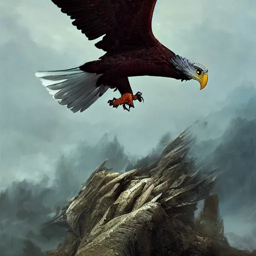 Prompt: flying eagle, character design, Kim Keever, oil painting, detailed, octane render, beautiful composition, trending on artstation, award-winning photograph, masterpiece