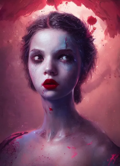 Prompt: shot of sinister girl with pouty aerochrome lips, fungal, adorable, expressive eyes, playful pose of a dancer, greg rutkowski, charlie bowater, yuumei, stephen gammell, unreal 5, daz, hyperrealistic, octane render, rpg portrait, dynamic lighting, fantasy art, beautiful face