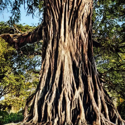 Prompt: an old tree standing taller then all others, living tree with human details.