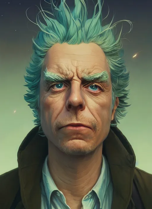 Image similar to highly detailed surreal vfx portrait of a rick sanchez, stephen bliss, unreal engine, greg rutkowski, loish, rhads, beeple, makoto shinkai and lois van baarle, ilya kuvshinov, rossdraws, tom bagshaw, alphonse mucha, global illumination, detailed and intricate environment