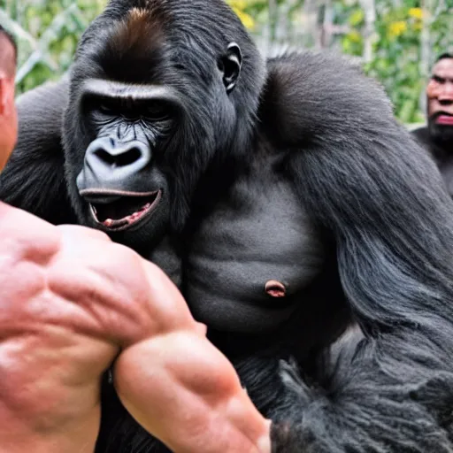 Image similar to a muscular man punches a raging gorilla in the face