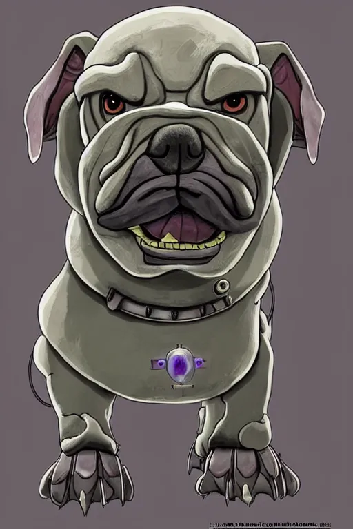 Image similar to a simple and atmospheric cell - shaded fantasy character concept art portrait of a robotic bulldog as a druidic warrior wizard looking at the camera with an intelligent gaze, very muted colors, by studio ghibli