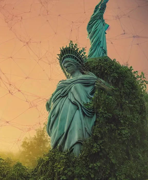 Prompt: highly detailed digital matte painting of a Lady Liberty statue covered in vines with overgrowth Full shot. By Raphael LaCoste and Ruan Jia and Robert McCall, postcyberpunk, geodesic dome, hyperdetailed, sunrise, wide shot, autochrome, octane render