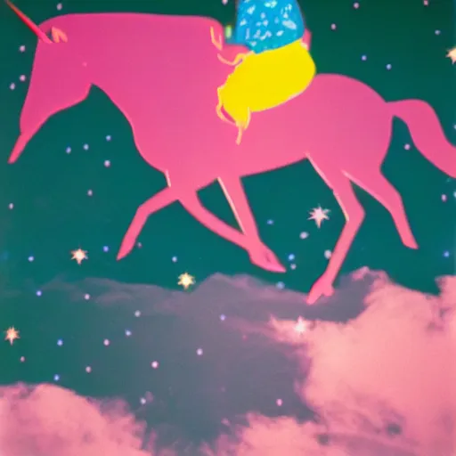 Image similar to andy warhol riding a pink unicorn in space, cinestill 8 0 0 t, award winning photograph